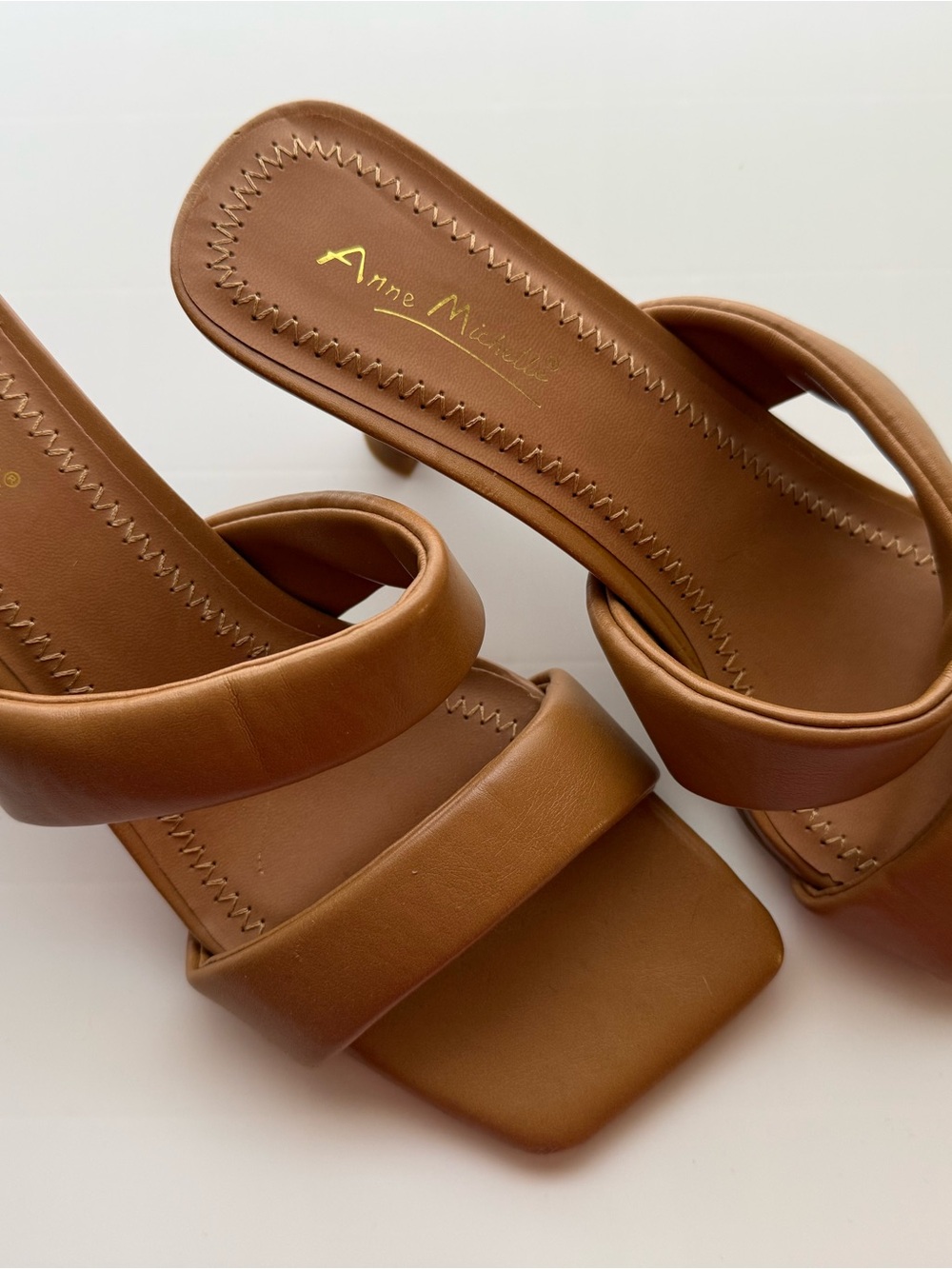 Anne Michelle Tan Double-Strap Square-Toe Mule Heels